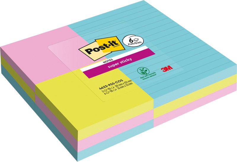 Image of Post-it Post-it Super Sticky Haftnotizen 152 x 101 mm Blau, Grün, Pink Rechteckig Liniert 9 Stück à 90 Blatt