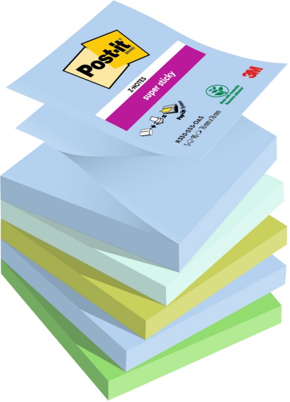 Post-it Super Sticky Z-Notes 76 x 76 mm Blau, Grün Kariert Einfarbig 5 Blöcke mit 90 Blatt