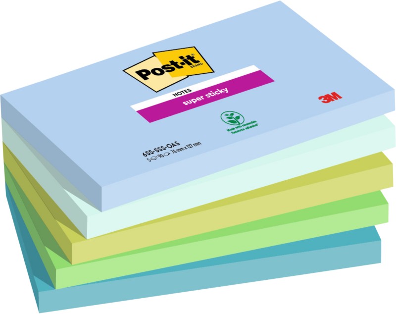 Post-it Super Haftnotizen 76 x 127 mm Blau, Grün Rechteckig Einfarbig 5 Blöcke mit 90 Blatt