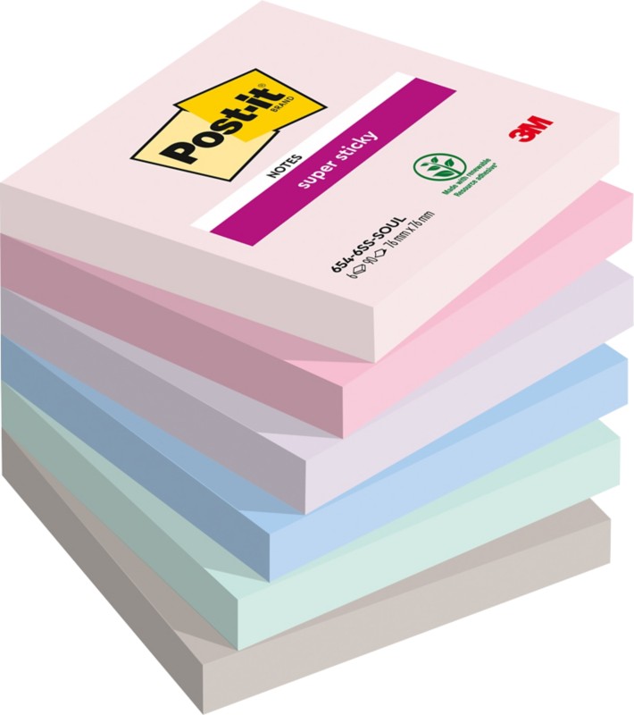 Post-it Super-Haftnotizen Soulful 76 x 76 mm Farbig sortiert 90 Blatt 6 Stück