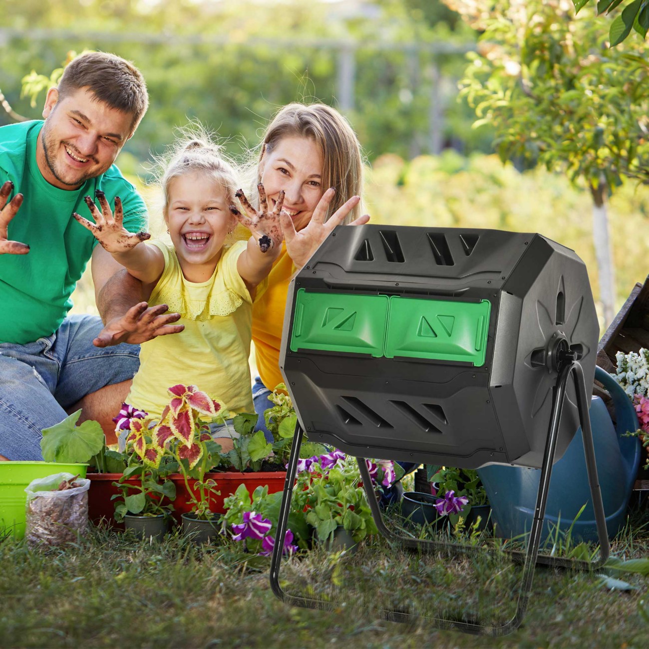 Outsunny Tumbling Compost Bin Outdoor Dual Chamber - Black - Image 4