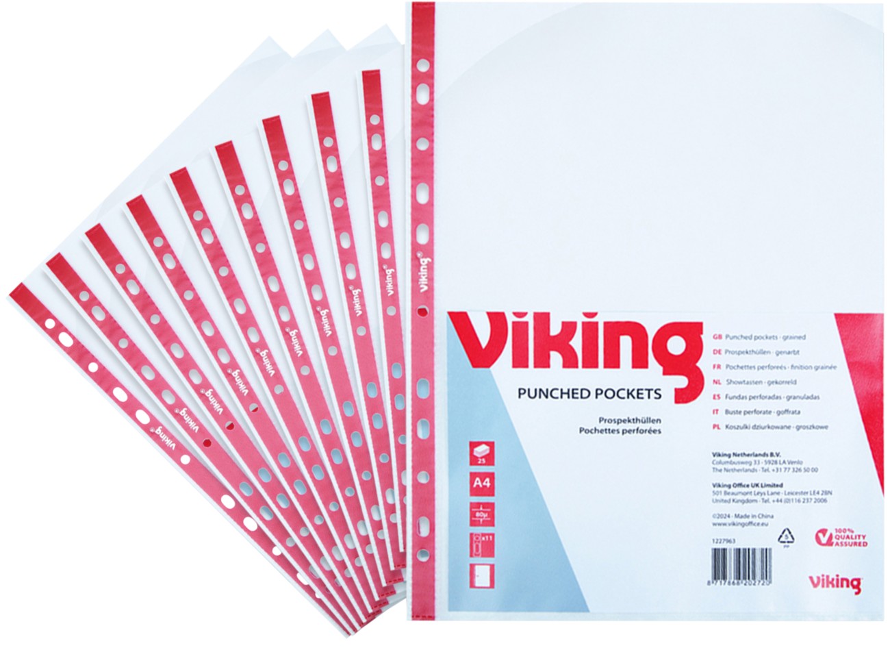 Viking Punched Pockets A4 Embossed Transparent 80 Microns Pp (Polypropylene) Side Opening 11 Holes Pack Of 25