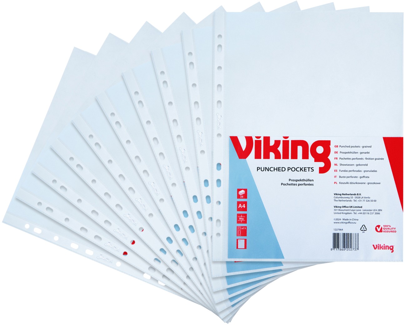 Viking Punched Pockets A4 Embossed Transparent 80 Microns Pp (Polypropylene) Top And Side Opening 11 Holes Pack Of 25