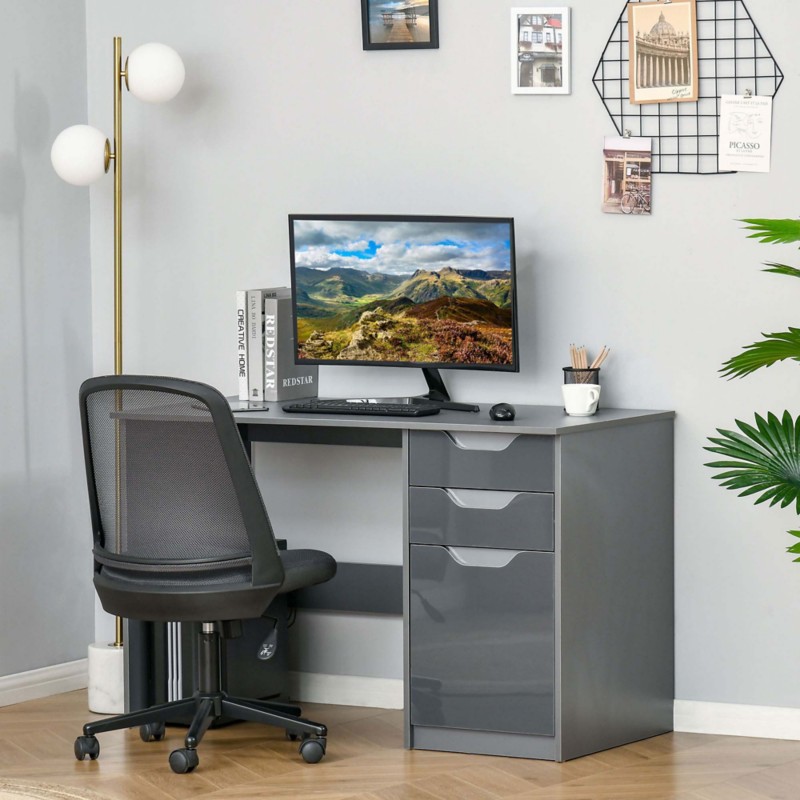 Homcom Grey Computer Desk Rubberwood Drawers 1 Pedestal 600 (W) X 1,200 (D) X 760 (H) Mm Particle Board Size 3