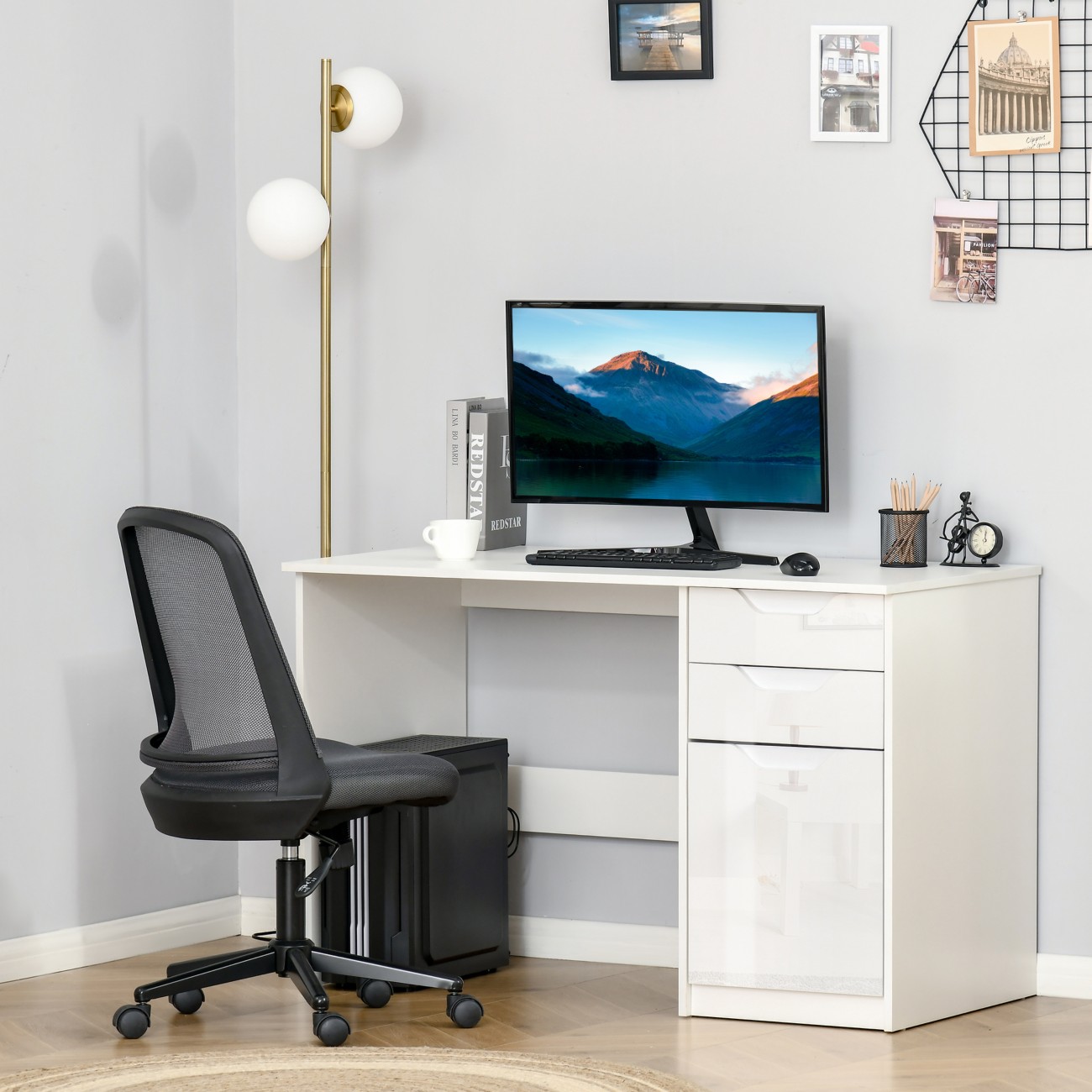 Homcom White Computer Desk Rubberwood Drawers 1 Pedestal 600 (W) X 1,200 (D) X 760 (H) Mm Particle Board Size 2