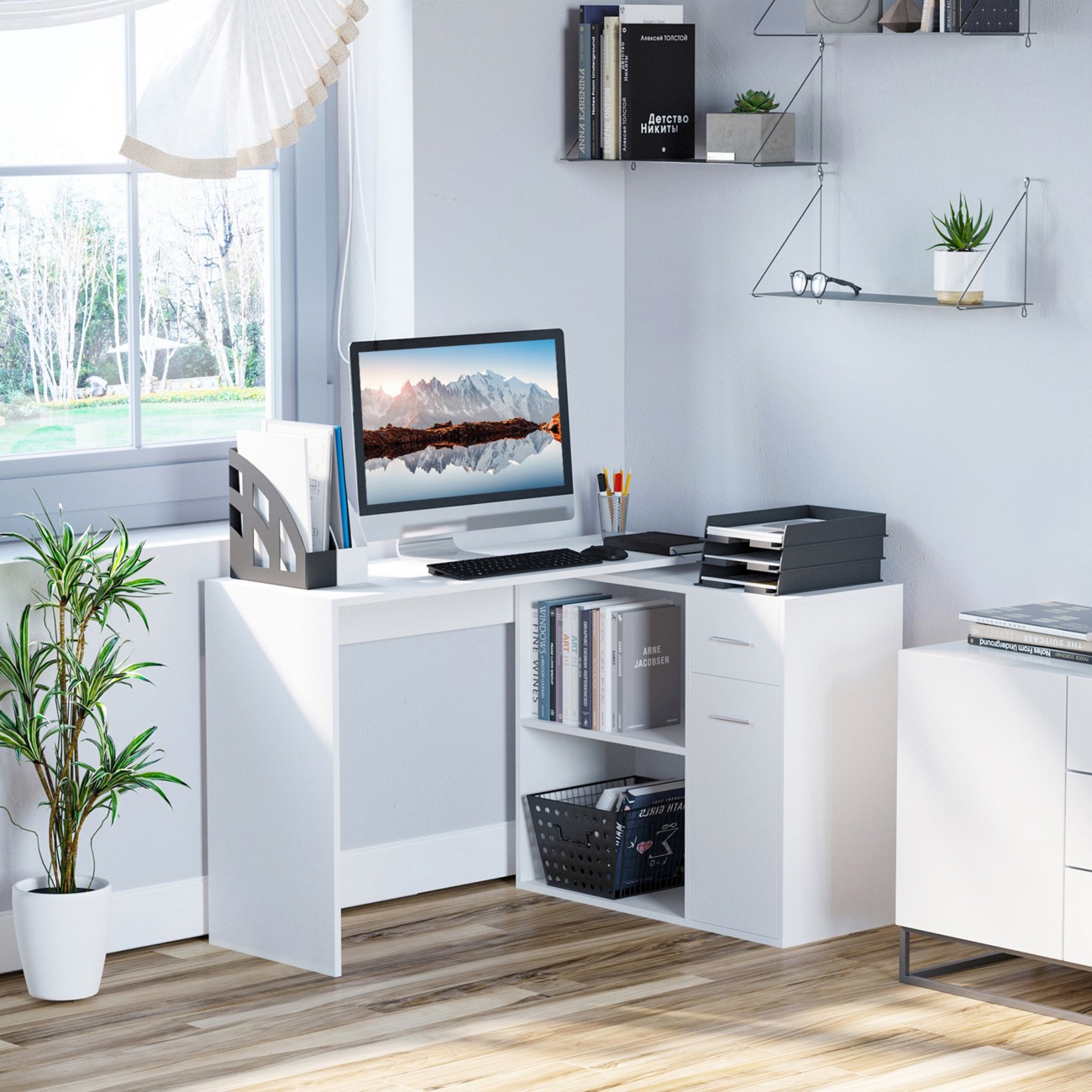 HOMCOM Corner Computer Desk 180° Rotating Dining Table W/ Storage Shelf in White - Image 6