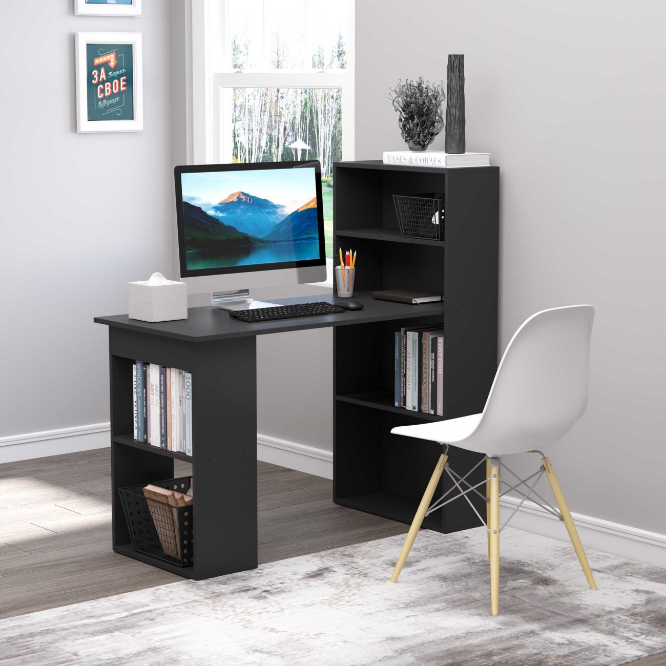 Bobobiy Black 120Cm Computer Desk, Wooden Pc Laptop Table With 6-Tier Storage Bookshelves, Home Office Working Study Desk, Writing Workstation, - Image 8