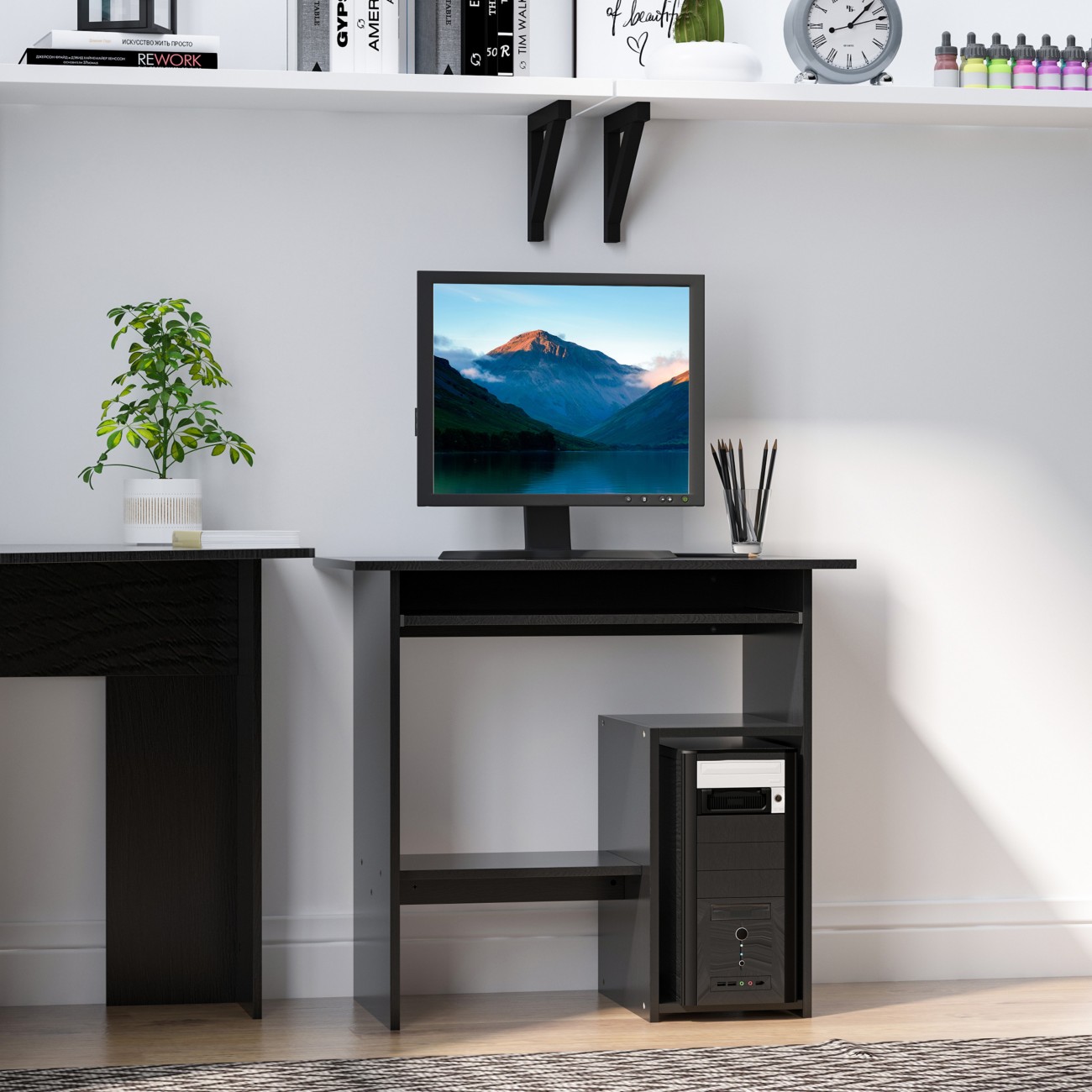 Homcom Black Compact Small Computer Table Wooden Desk Keyboard Tray Storage - Image 7