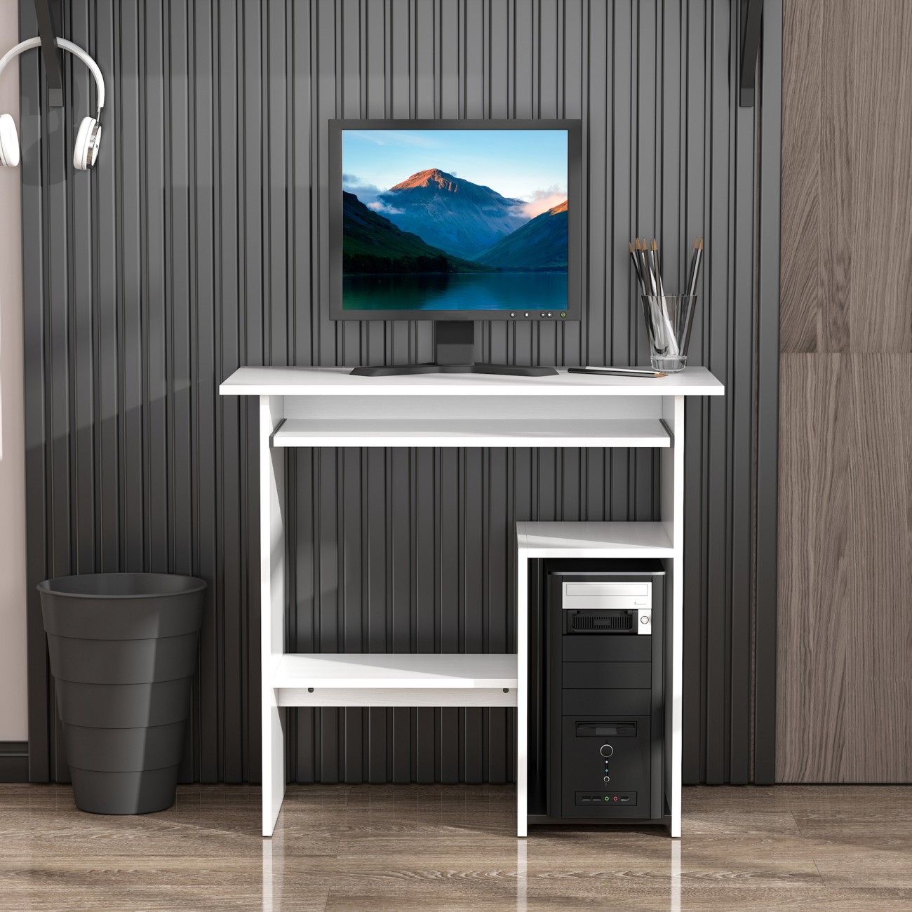 HOMCOM Compact Small Computer Table Wooden Desk Keyboard Tray Storage in White - Image 7