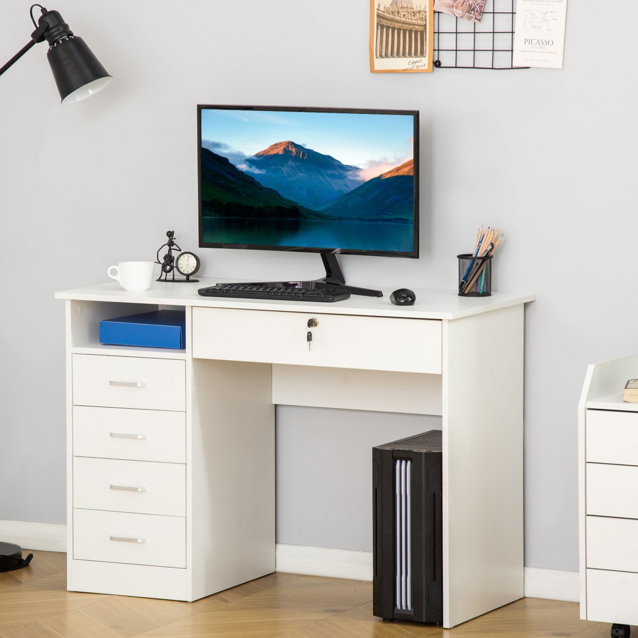 Homcom White Computer Desk Rubberwood Drawers 1 Pedestal 500 (W) X 1,100 (D) X 760 (H) Mm Particle Board Size 3