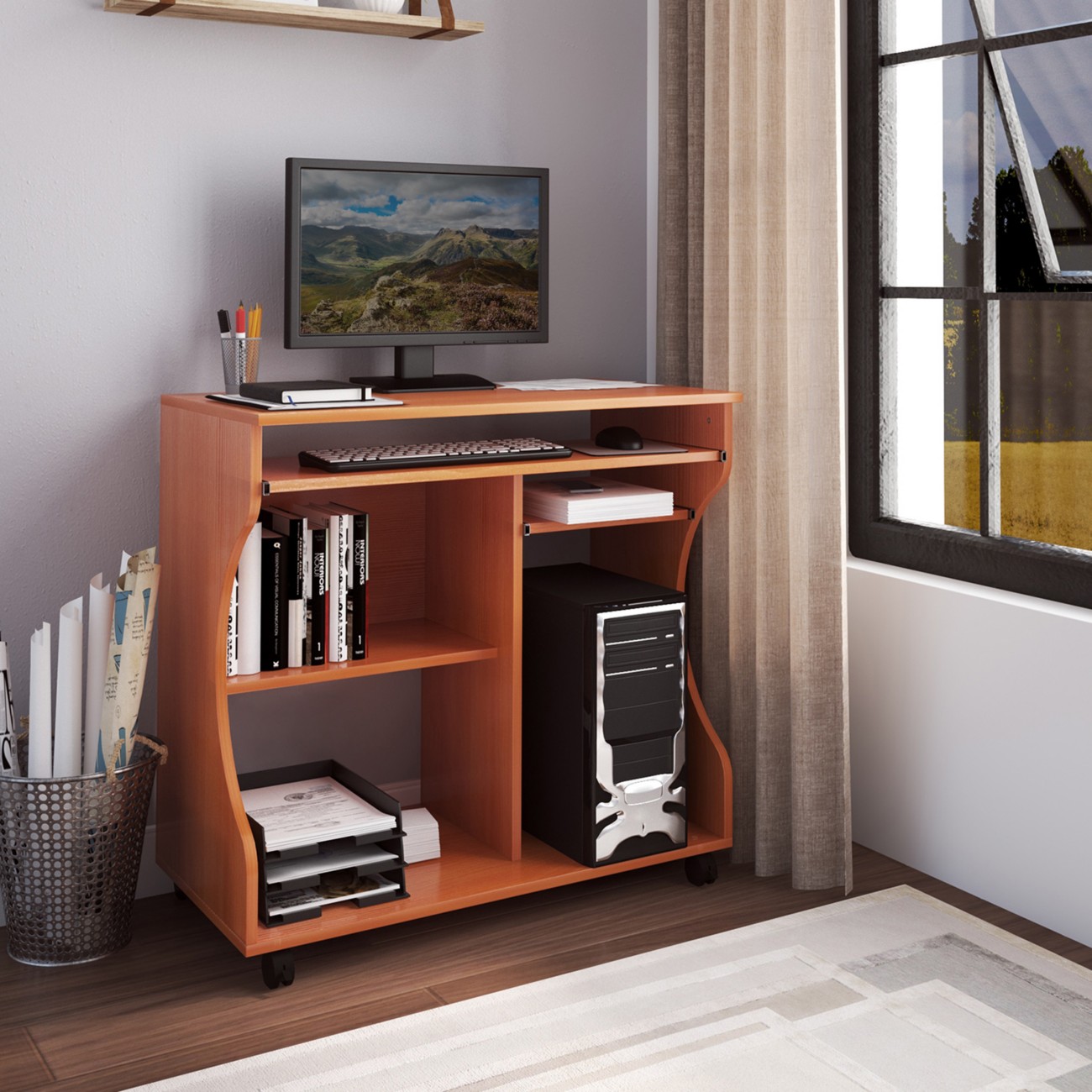 Homcom Brown Computer Desk Cherry H-Frame 800 (W) X 480 (D) X 760 (H) Mm Particle Board, Plastic, Steel