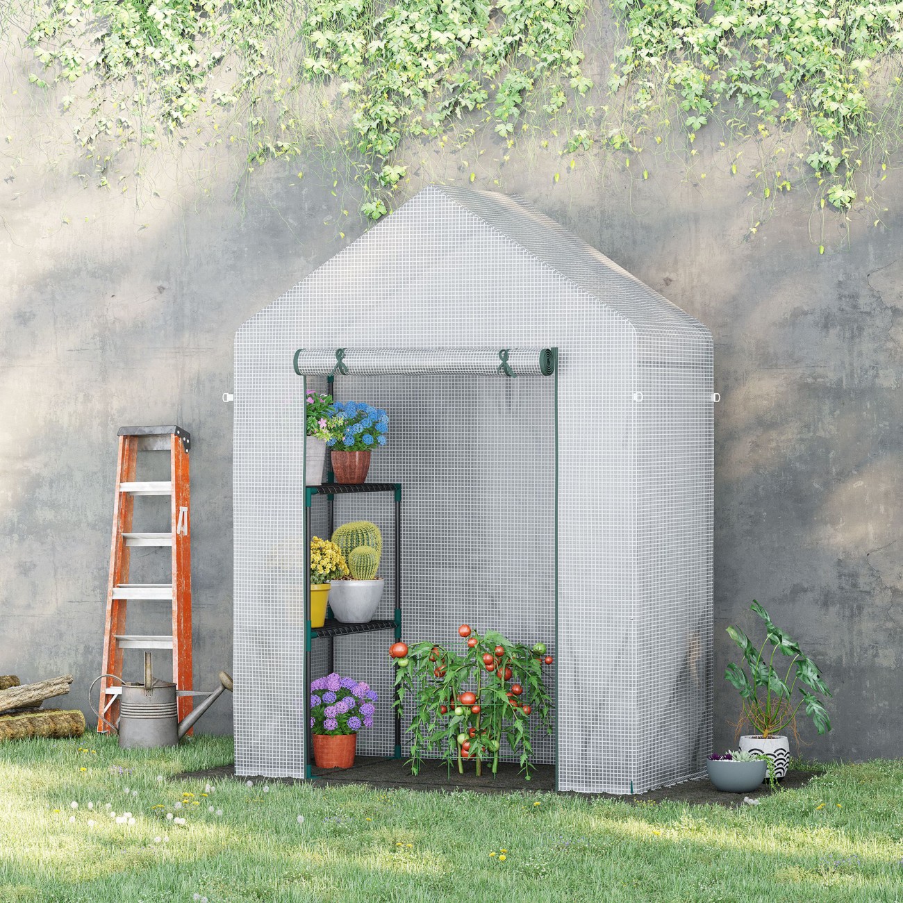 Outsunny Greenhouse Grow House w/ Shelf 143x73x195cm - Green - Image 4
