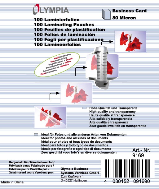 Olympia Laminierfolien Visitenkarte & Kreditkarte 80 Mikron (2 x 80) Transparent