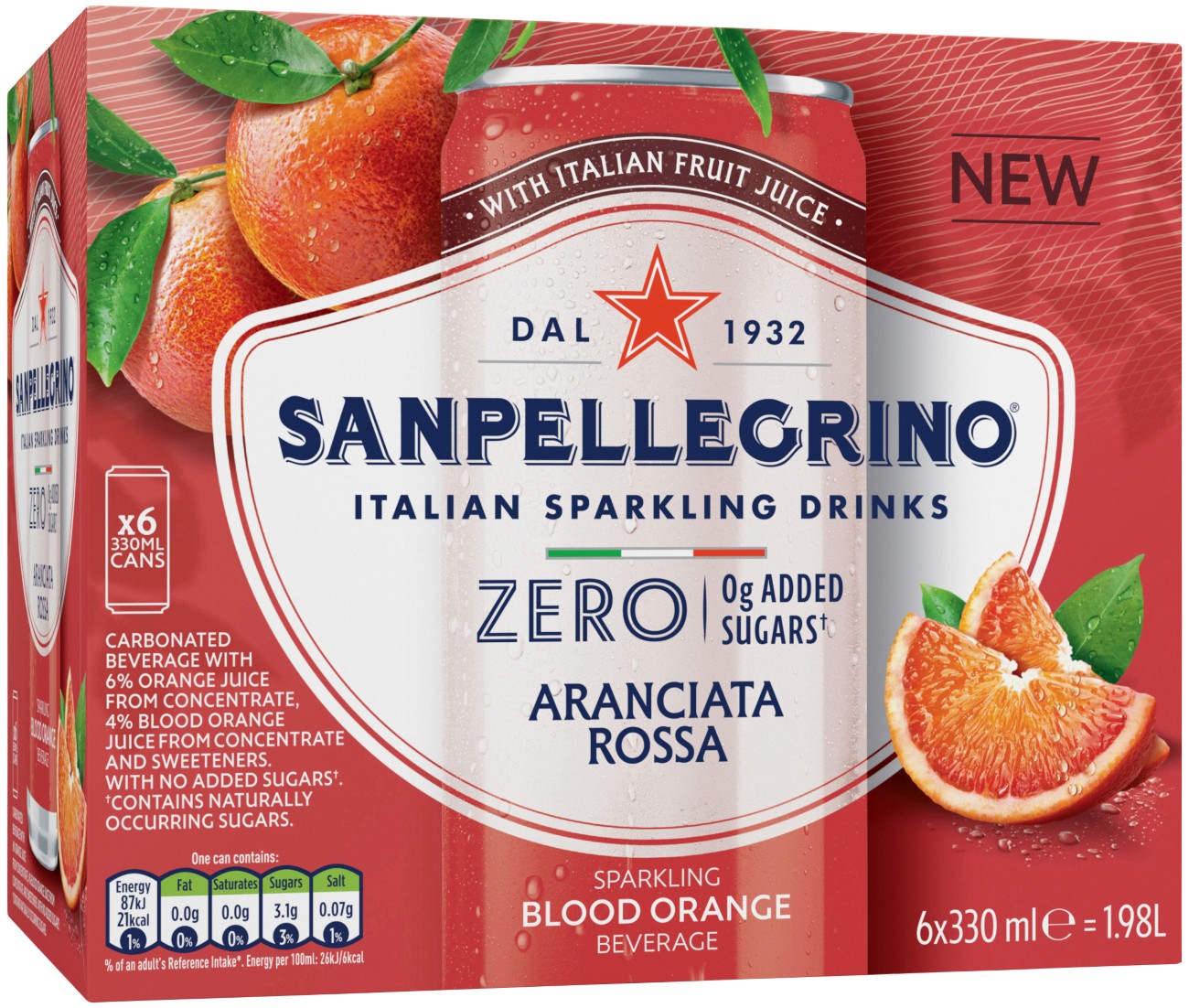 S.pellegrino San Pellegrino Zero Added Sugar Blood Orange Sparkling Drink 6 Cans Of 330 Ml