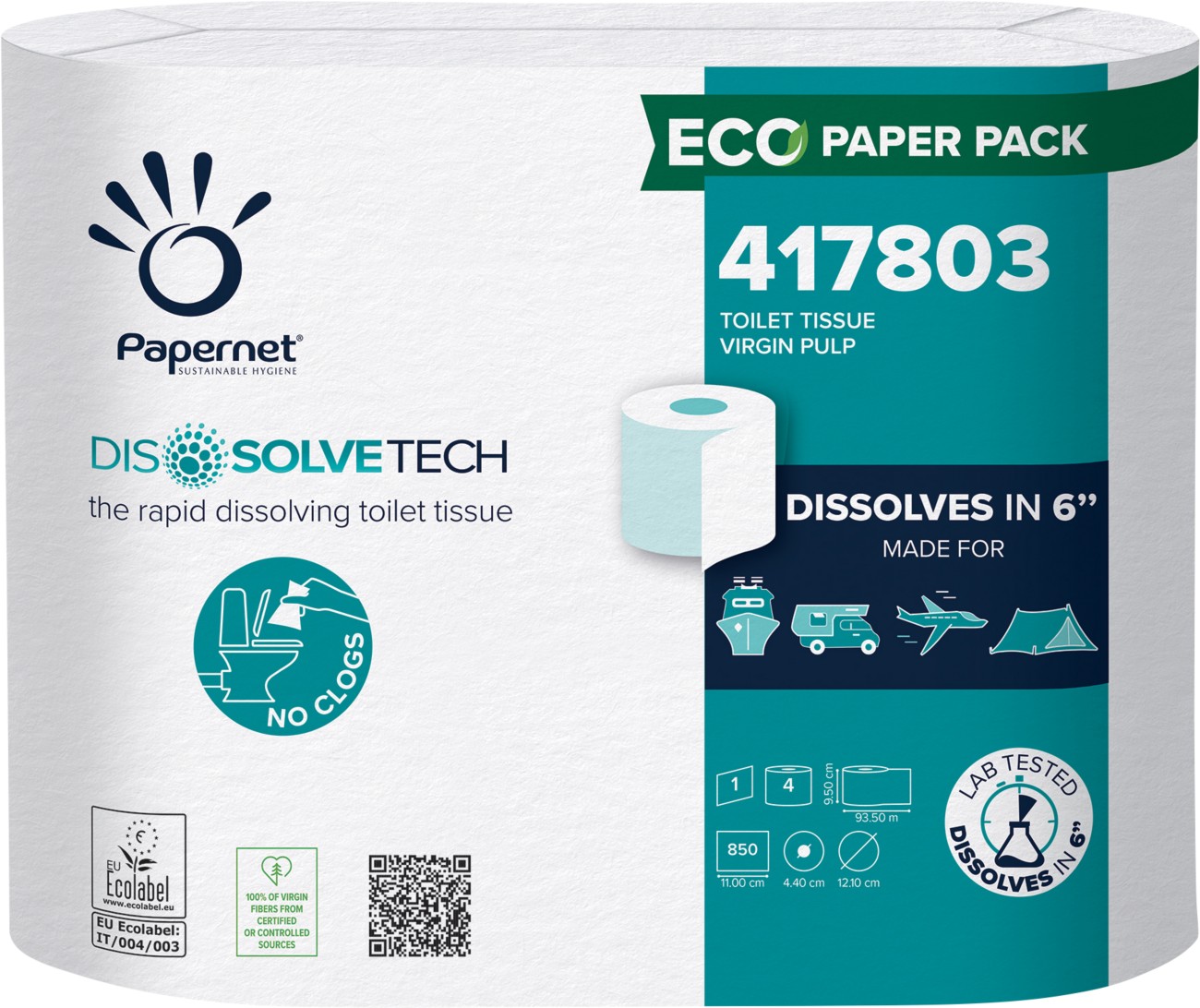 Papernet Dissolve Tech Toilettenpapier 1-lagig Weiß 4 Stück à 850 Blatt