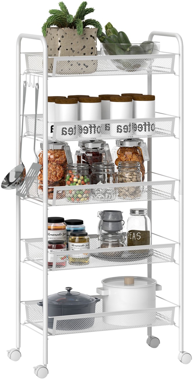 HOMCOM 5-Tier Utility Rolling Cart - White - Steel - Image 9