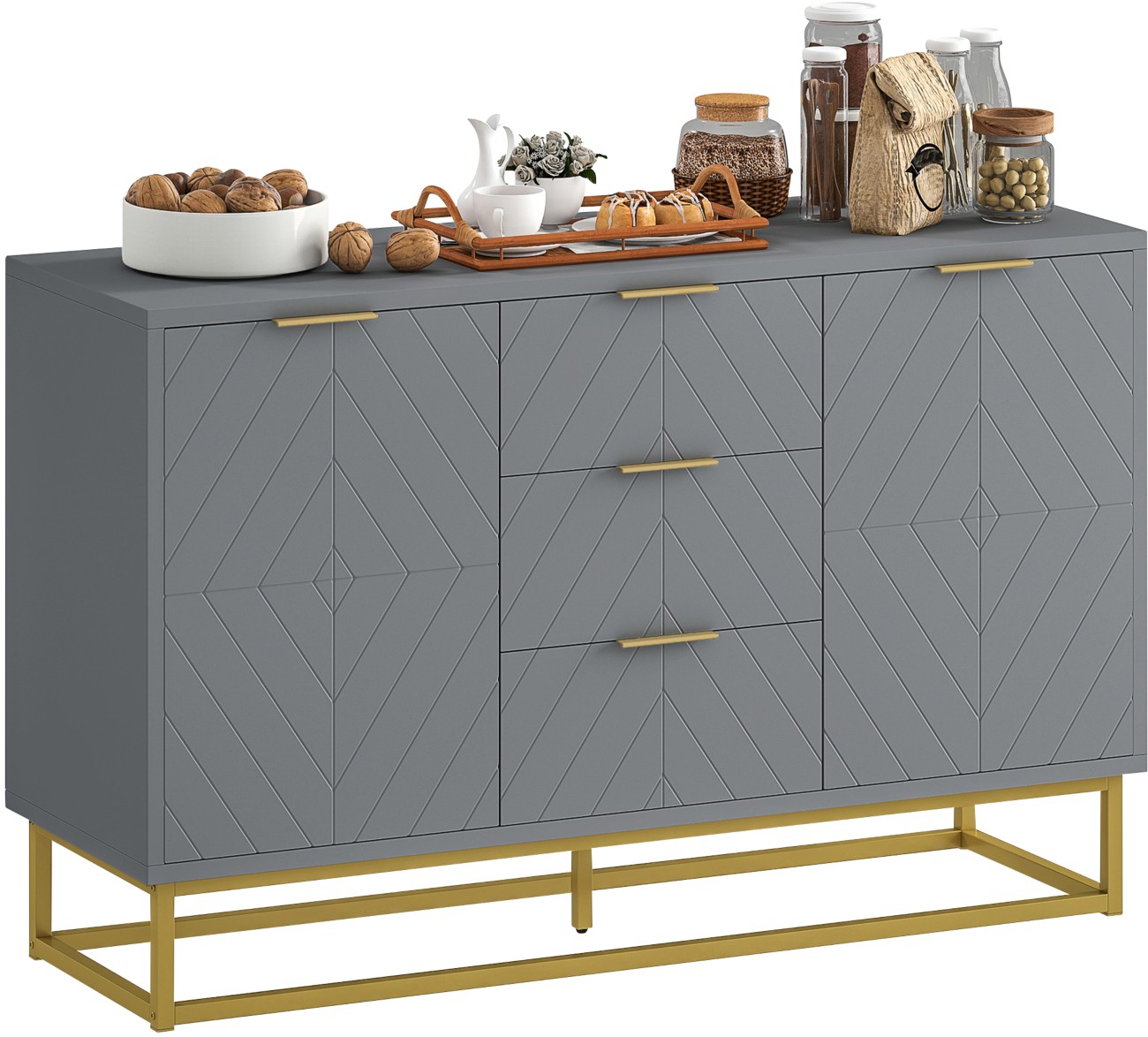 Homcom Sideboard 837-151Gy Mdf (Medium-Density Fibreboard), Steel 2 Doors 3 Drawers