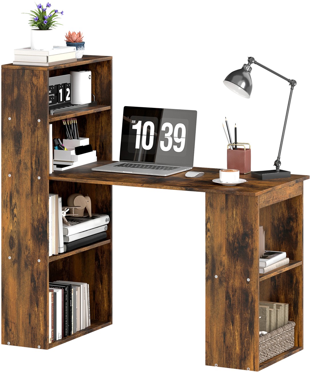 Homcom 120Cm Computer Desk Bookshelf Writing Table 6 Shelves Brown - Image 6
