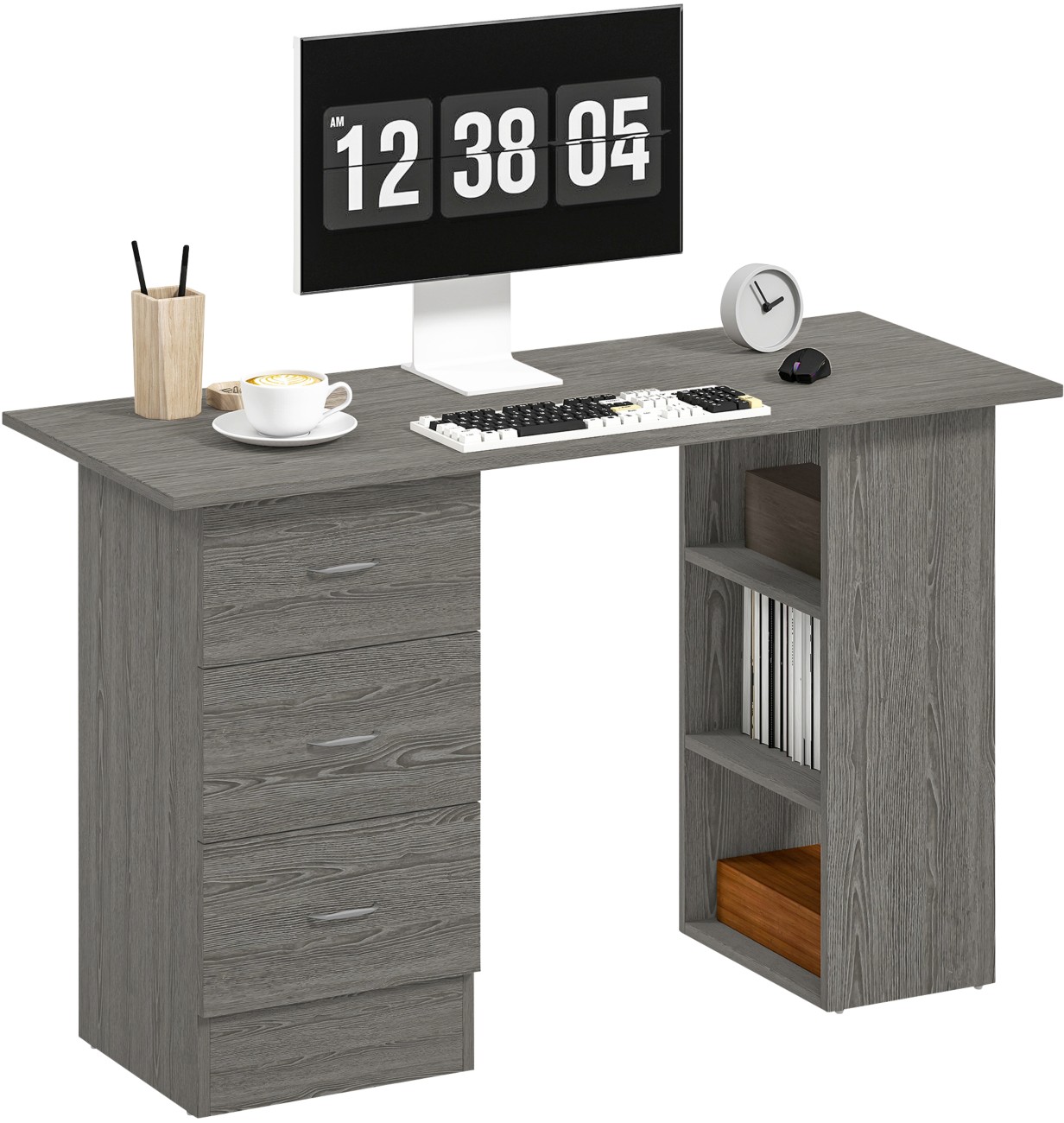 HOMCOM 120cm Computer Desk - Study Table with 3 Shelves & Drawers - Grey - Image 7