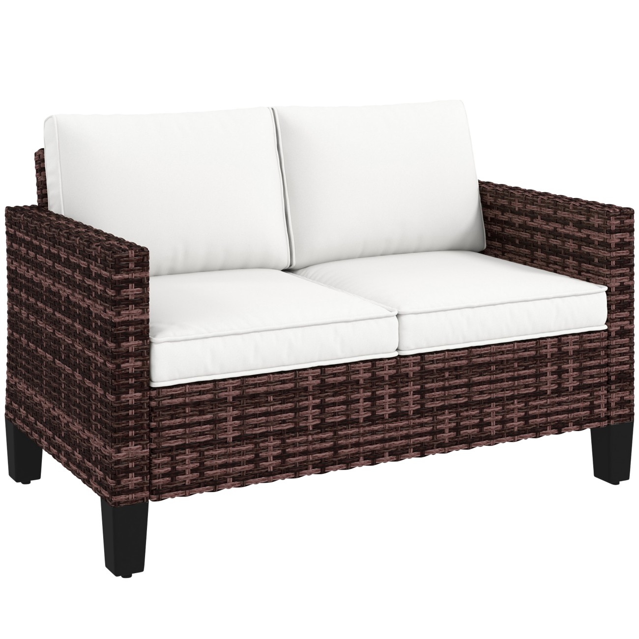 Outsunny 2 Seater Rattan Sofa Garden Sofa Cushions Steel Frame Brown | Wicker Garden Loveseat with Armrests, Outdoor Couch, Porch, Balcony - Image 6