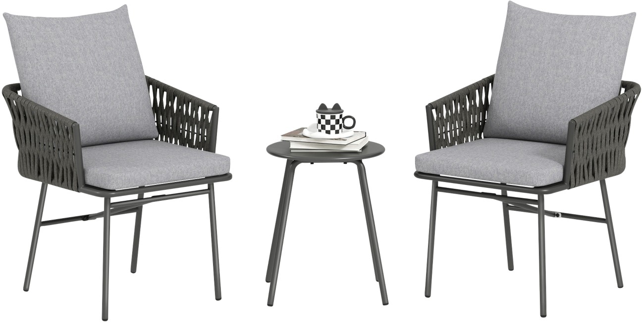 Outsunny Rattan Bistro Set - 2 Chairs & 1 Table - Grey - PE Rattan & Steel Frame - Image 7