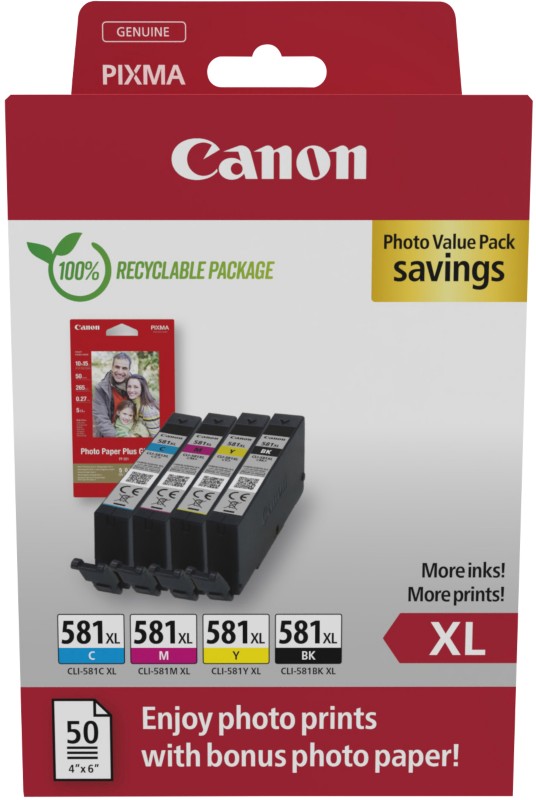 Canon CLI-581XL Tintenpatrone 2052C006 Schwarz, Cyan, Magenta, Gelb 4 Stück