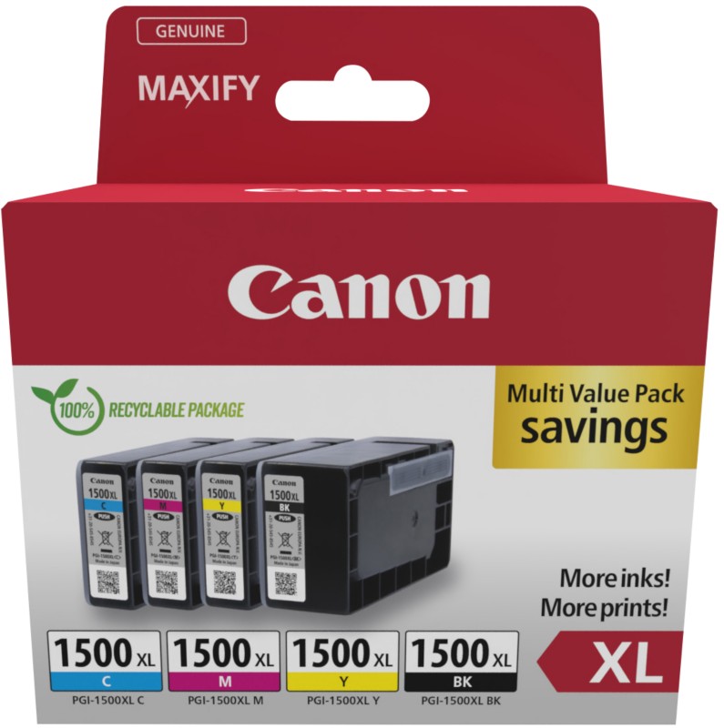 Thumbnail - Canon PGI-1500XL Tintenpatrone 9182B010 Schwarz, Cyan, Magenta, Gelb Multipack 4 Stück