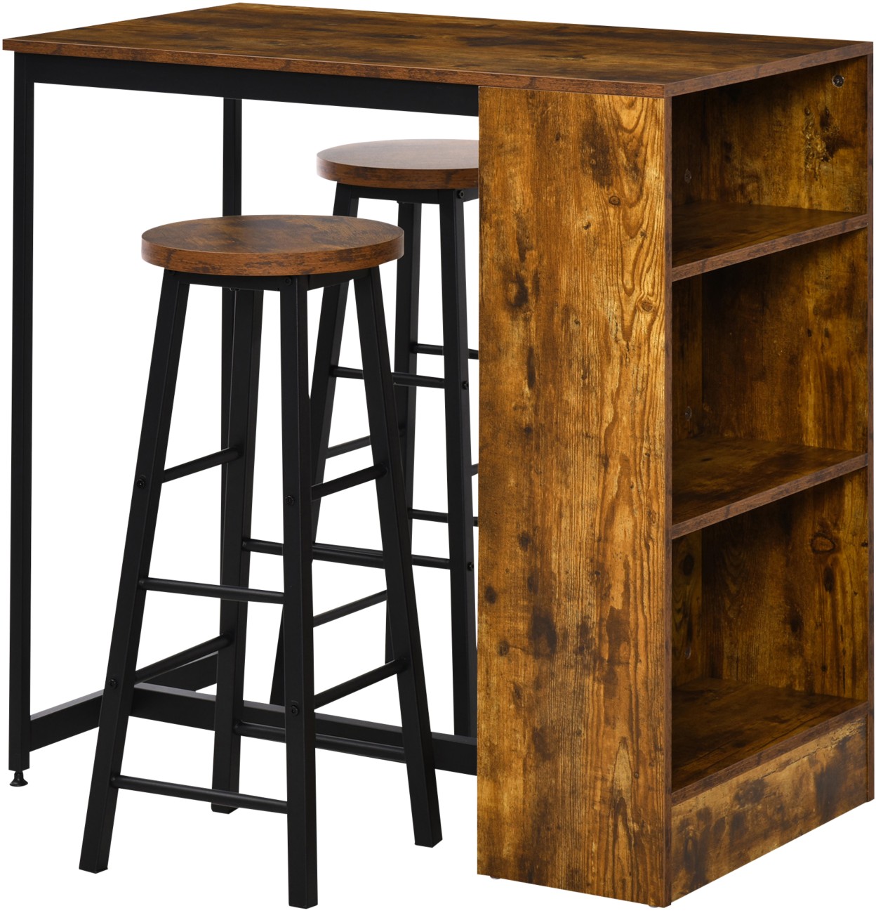 HOMCOM 3 Pieces Dining Table Set, Bar Table & 2 Stools, Rustic Brown | Industrial Space Saving Breakfast Bar Set, 3 Storage Shelves, Footrest, Metal Frame, Adjustable Pads, for Kitchen Dining Room - Image 8
