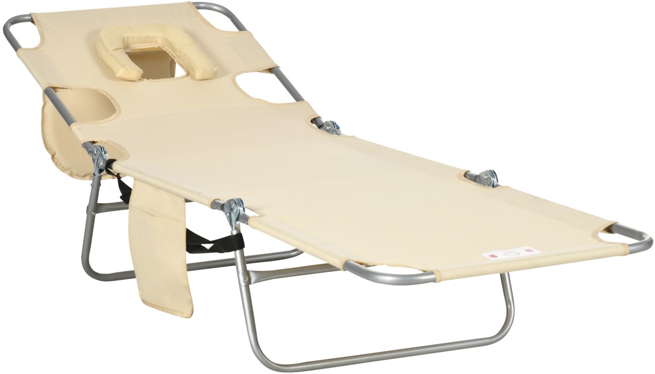 Outsunny Unisex Beige Portable Sun Lounger Foldable Beach Chaise Lounge Reading Hole Arm Slots - Image 3