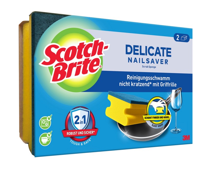 Scotch-Brite Delicate Nail Saver Reinigungssschwamm 13,4 x 4,6 x 8,9 cm Blau, Gelb 2er-Pack