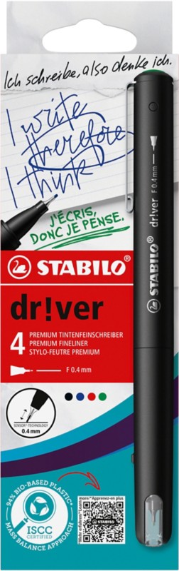 STABILO dr!ver Fineliner 0,4 mm Nadelspitze Farbig sortiert EO1088/4-01 4 Stück