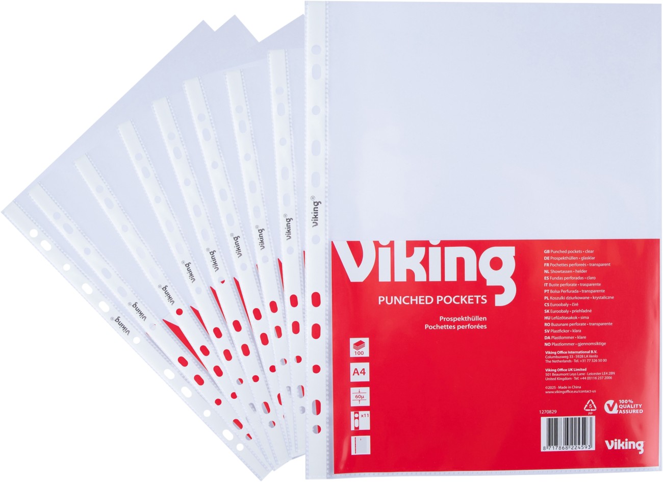 Viking Klarsichthüllen A4 Klar Transparent 60 Mikron Öffnung oben 11 Löcher 100 Stück