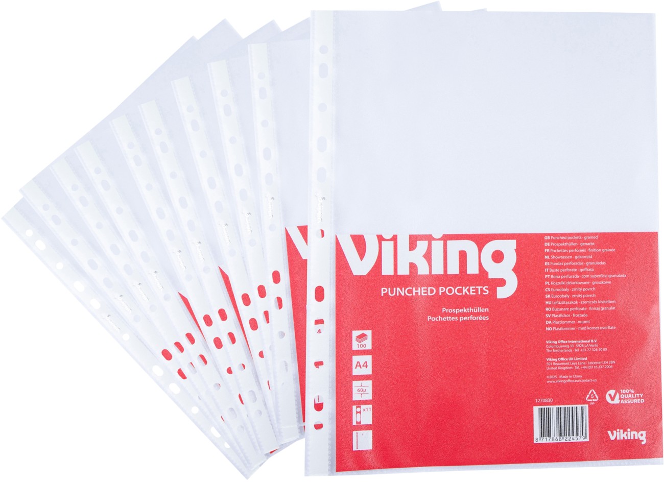 Viking Economy Klarsichthüllen DIN A4 Genarbt Transparent 60 Mikron PP (Polypropylen) 11 Löcher 100 Stück