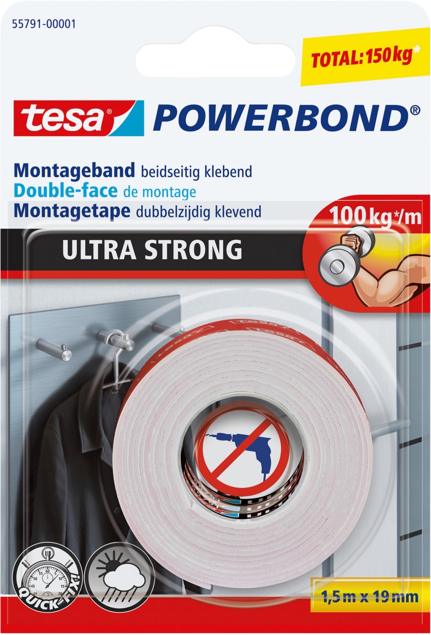 tesa Montageband Powerbond Ultra Strong Weiß 19 mm (B) x 1,5 m (L) Synthetisches Gummi 55791-00000-01