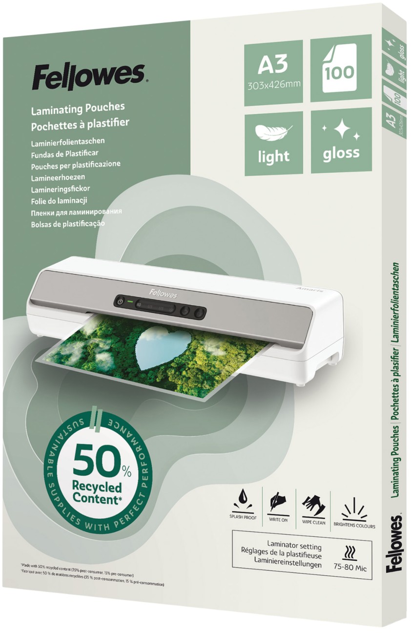 Fellowes Laminierfolien DIN A3 Glänzend 80 Mikron Transparent 100 Stück