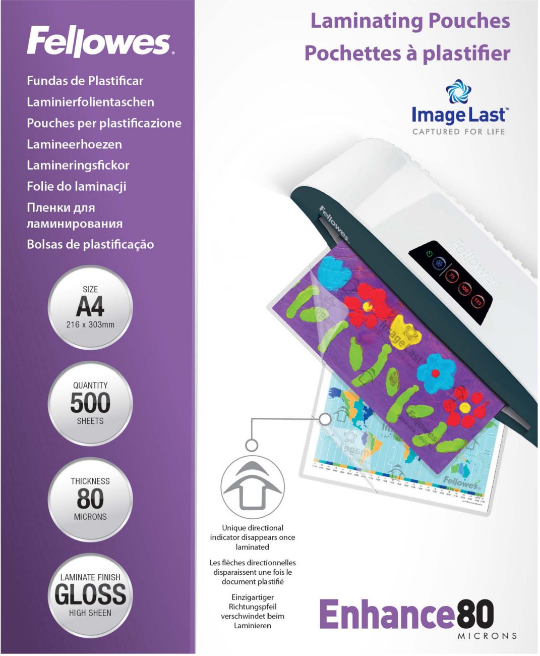 Fellowes Laminierfolien DIN A4 Glänzend 80 Mikron Transparent 500 Stück