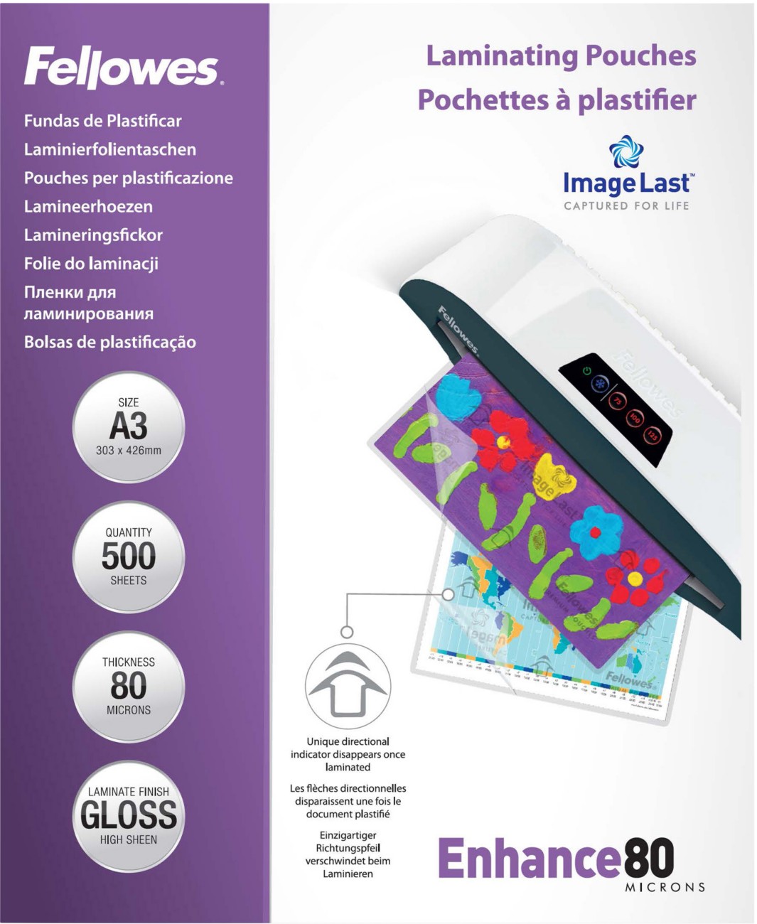 Fellowes Laminierfolien DIN A3 Glänzend 80 Mikron Transparent 500 Stück
