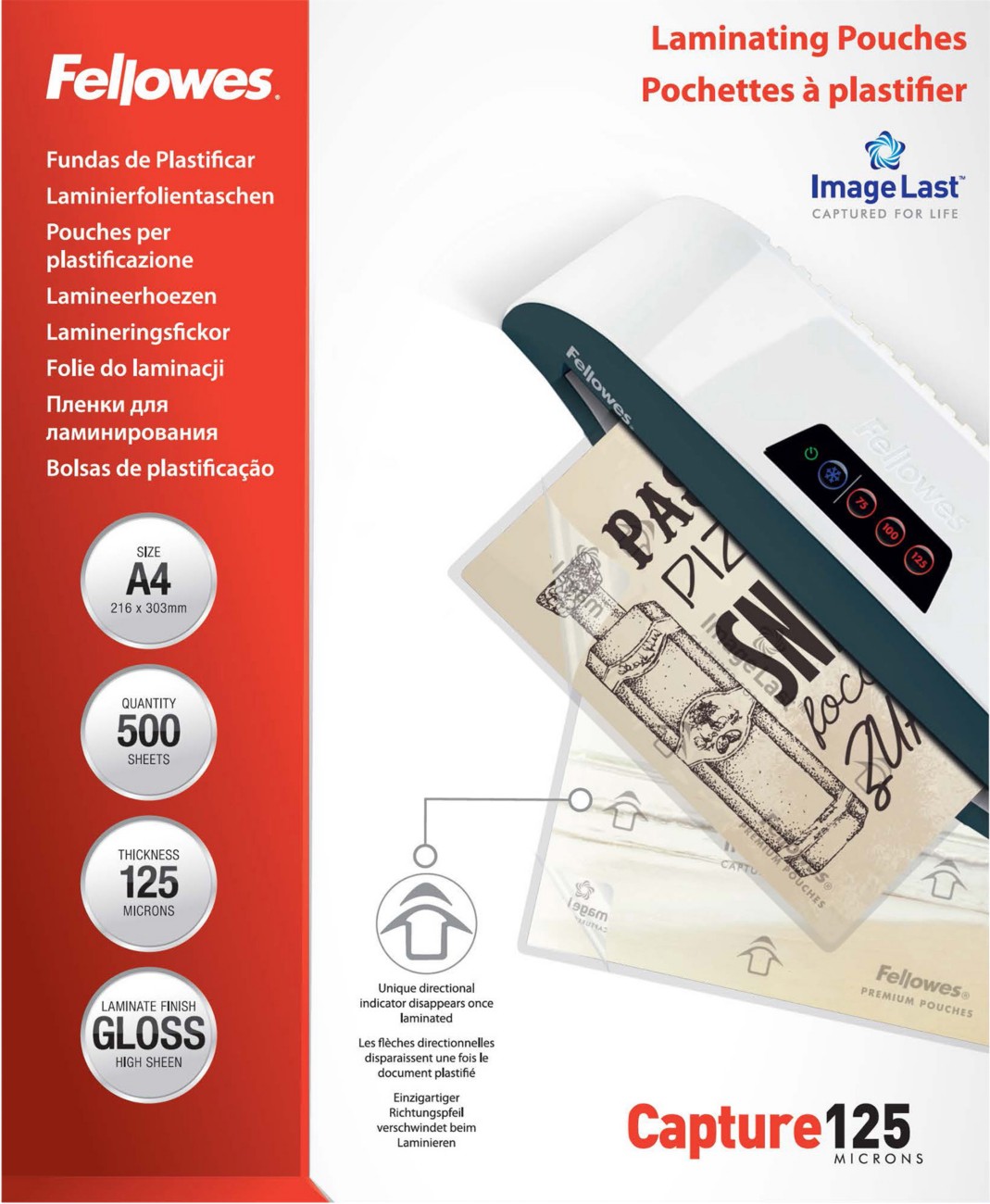 Fellowes Laminierfolien DIN A4 Glänzend 125 Mikron Transparent 500 Stück