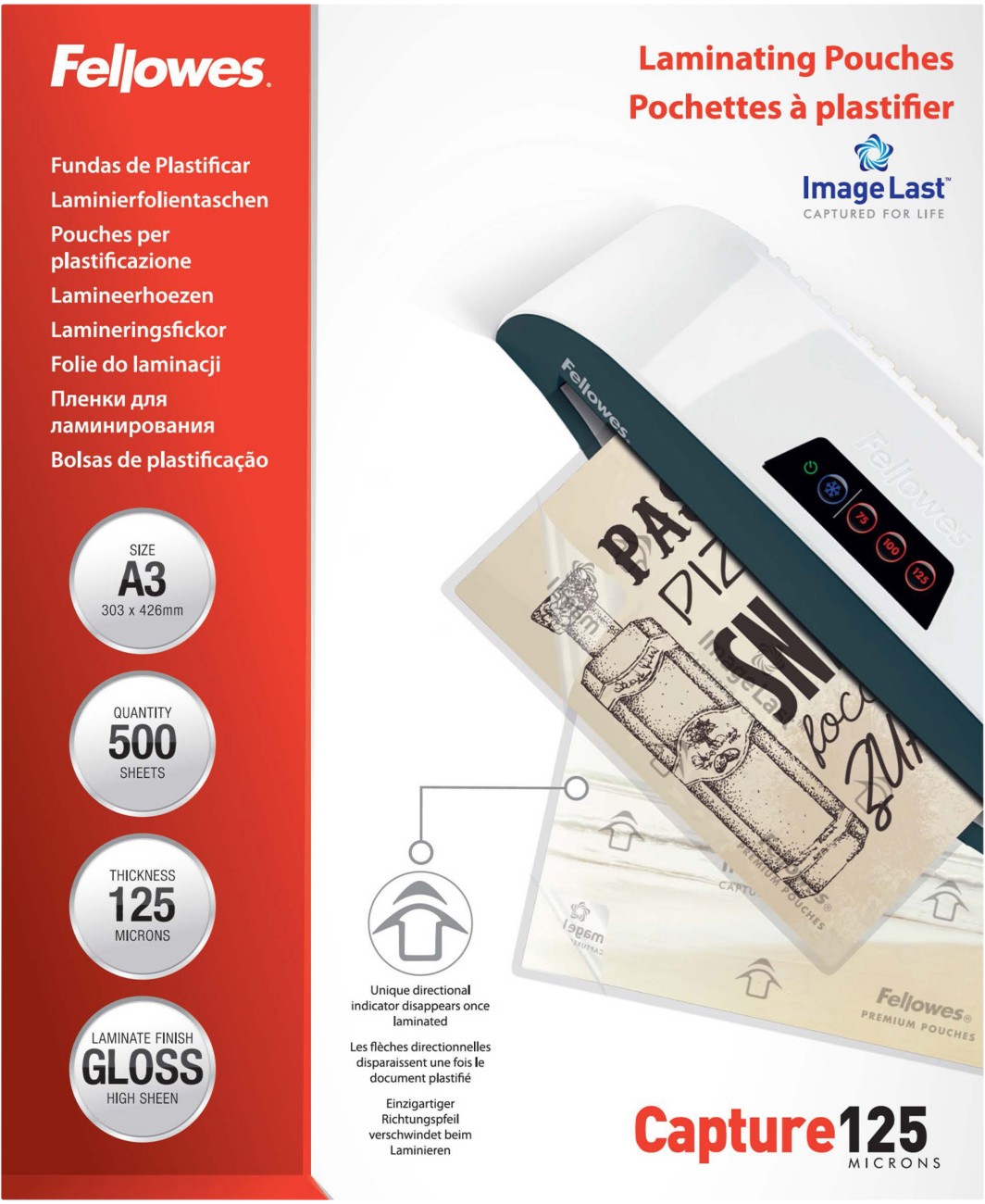 Fellowes Laminierfolien DIN A3 Glänzend 125 Mikron Transparent 500 Stück