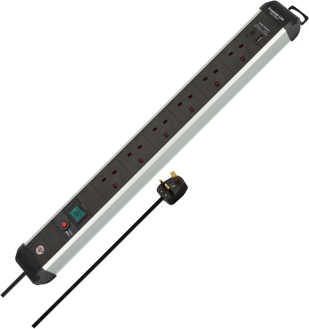Brennenstuhl Premium-Alu-Line Extension Lead Usb-C Power Delivery 30W & Usb-A 18W Switch 6-Way 3M Black