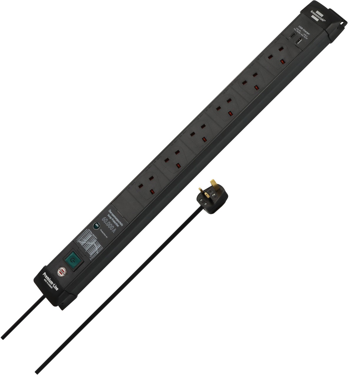 Brennenstuhl Premium-Line Extension Lead With Surge Protection Up To 60.000A Usb-C Power Delivery 30W & Usb-A 18W Switch 6-Way 3M