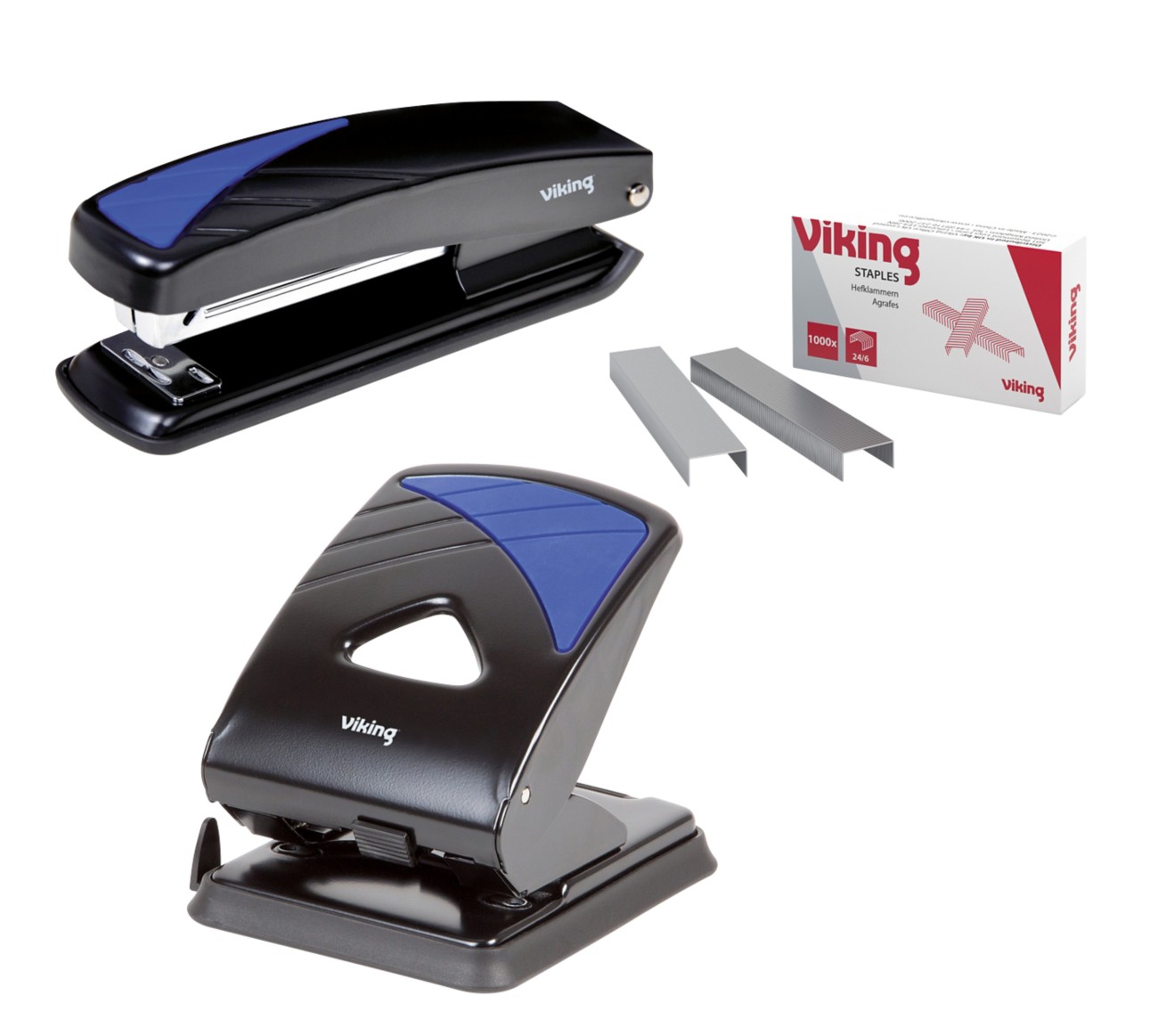 Viking Heftgerät Vollstreifen 24/6, 26/6 Schwarz, Blau 20 Blatt Metall + Locher + 1.000 Heftklammern