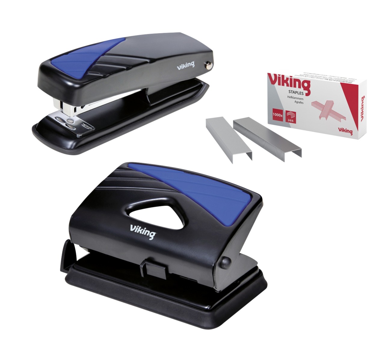 Viking Heftgerät Halbstreifen 24/6, 26/6 Schwarz, Blau 20 Blatt Metall + Locher + 1.000 Heftklammern