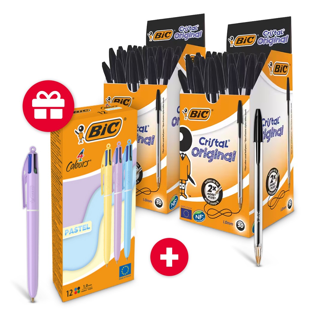 BIC Cristal Original Kugelschreiber Schwarz 0,4 mm Medium Kugelschreiber 50 Stück + BIC 4 Colours 517320 Kugelschreiber ...