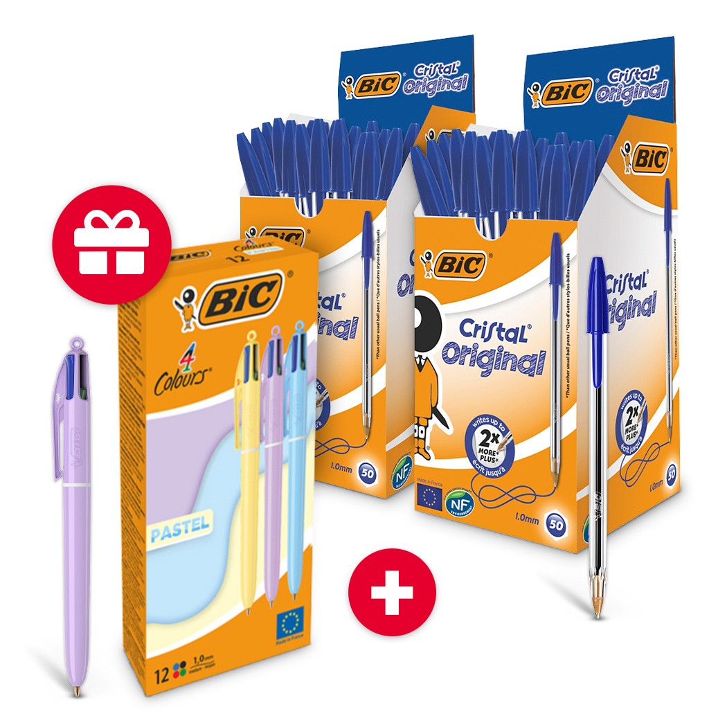 BIC Cristal Original Kugelschreiber Blau 2 x 50er-Pack + GRATIS BIC 4 Colours Kugelschreiber Mehrfarbig 12 Stück