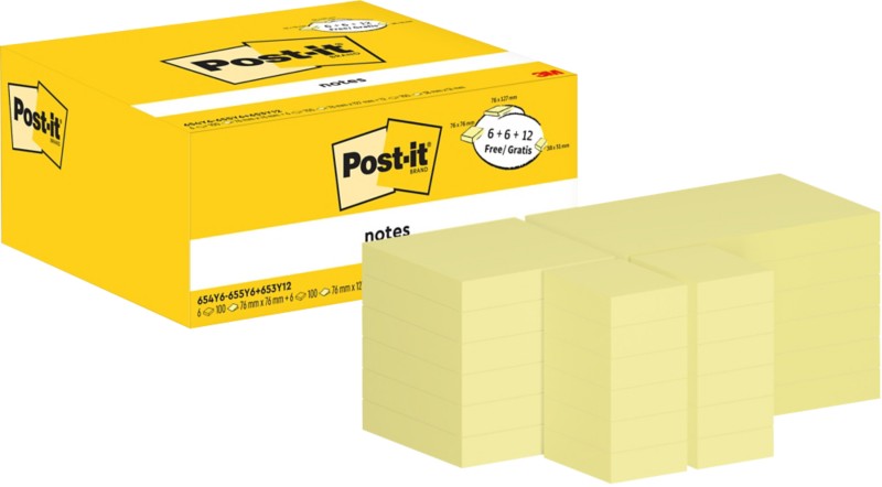 Post-it Haftnotizen Kanariengelb Verschiedene Größen (6 x 76 x 76mm, 6 x 76 x 127mm, 12 x 38 x 51mm) Packung mit 24 Blöc...