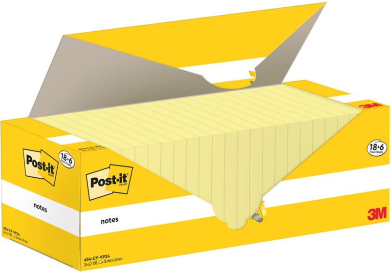 Post-it Haftnotizen Kanariengelb 76 x 76 mm Packung mit 24 Blöcken à 100 Blatt Value Pack 18+6 FREE