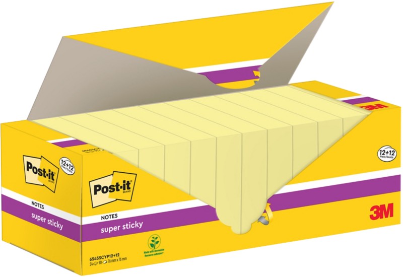 Post-it Super Sticky Haftnotizen 76 x 76 mm Kanariengelb Packung mit 24 Blöcken à 90 Blatt 12+12 GRATIS