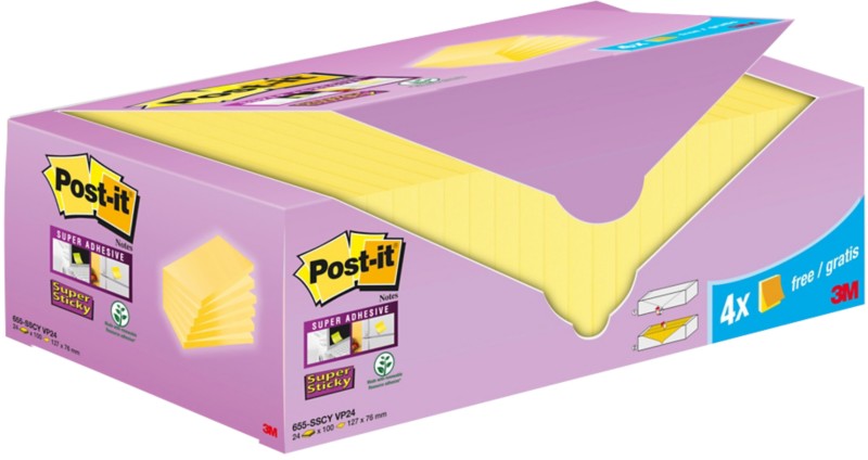 Post-it Super Sticky Haftnotizen 76 x 127 mm Gelb Packung mit 24 Blöcken à 90 Blatt Value Pack 20+4 GRATIS