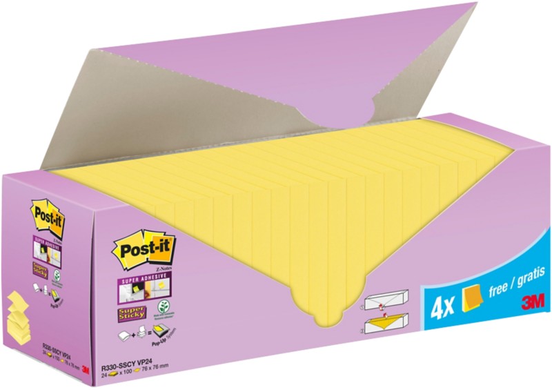 Post-it Super Sticky Z-Notes 76 x76 mm Kanariengelb Packung mit 24 Blöcken à 90 Blatt Value Pack 20+4 GRATIS